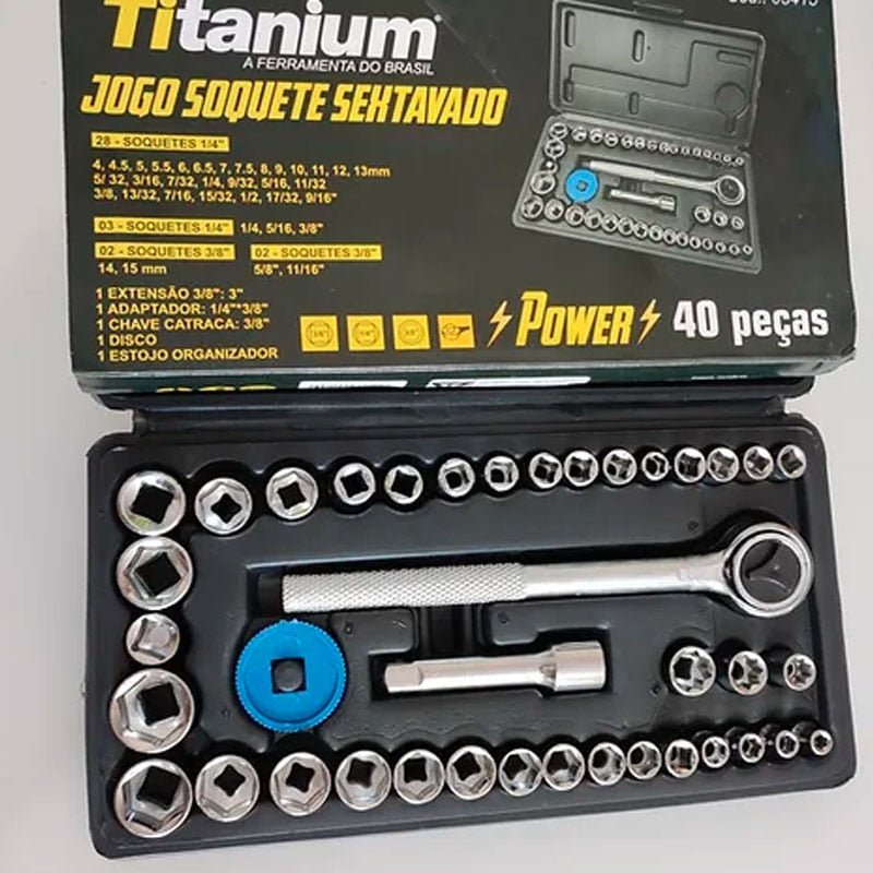 Jogo de Soquete com 40 peças Titanium 1/4-3/8